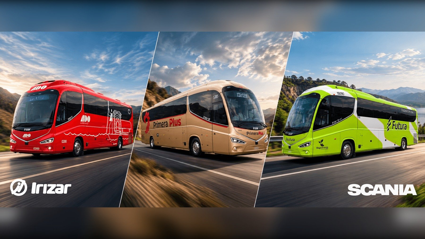 Tres autobuses Irizar i8 Efficient sobre chasis Scania Super con los colores de ADO, Primera Plus y Futura