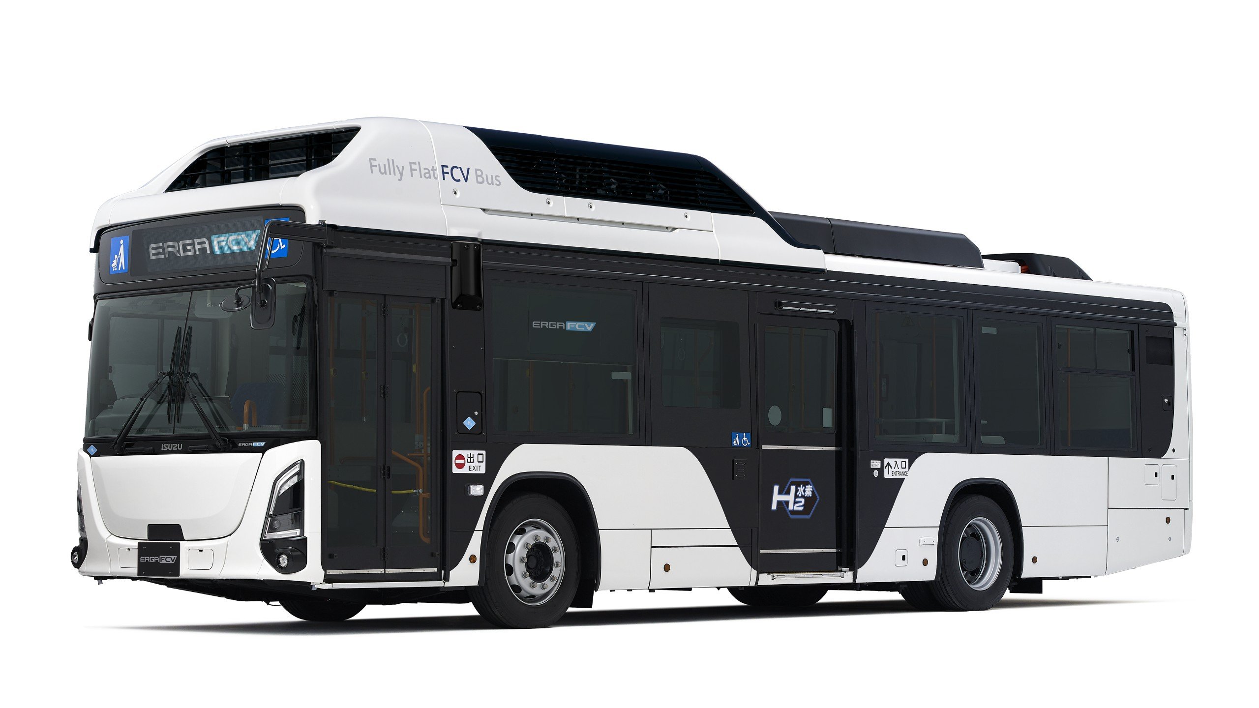 Autobús urbano de hidrógeno Isuzu ERGA FCV en color blanco y negro
