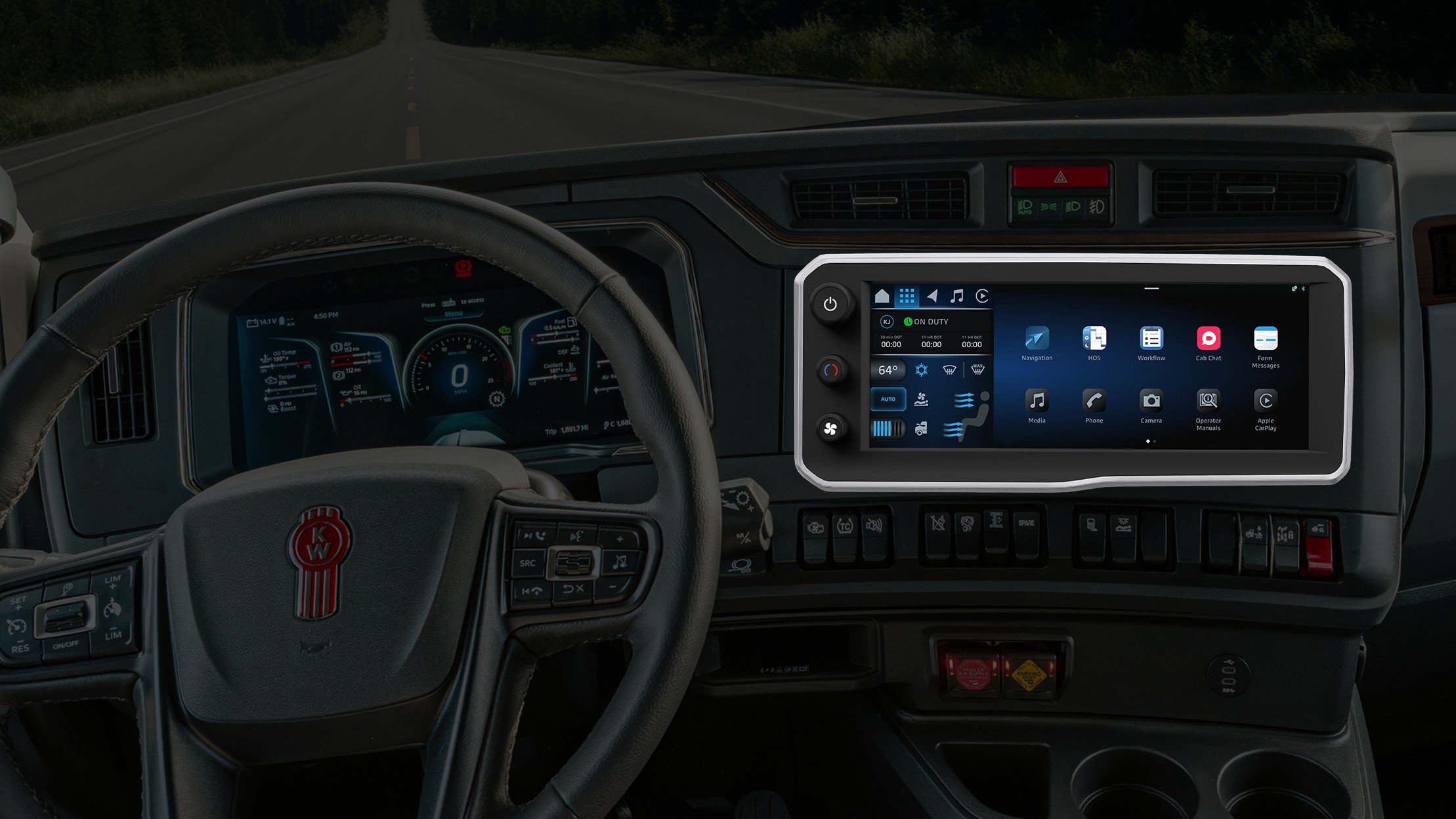 Cabina de un Kenworth con la pantalla táctil de PACCAR Connect