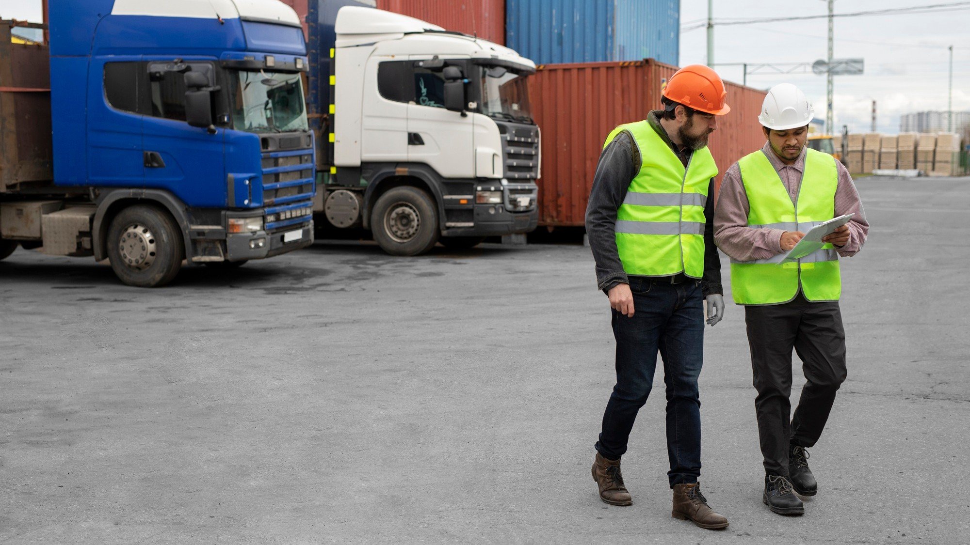 Dos trabajadores con casco y chaleco caminan en un patio de tractocamiones y contenedores